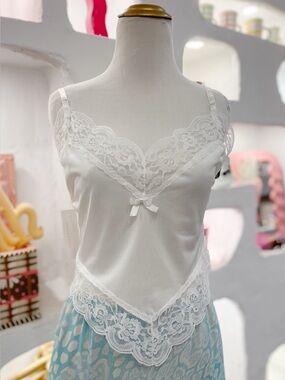Vintage White Nylon Camisole Slip Tank with Pointed Hem & Lace Trim
